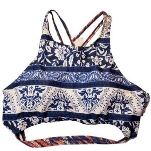 Minkpink Women Blue Floral High Neck Crossback Bikini Top Large Resort Boho Swim
